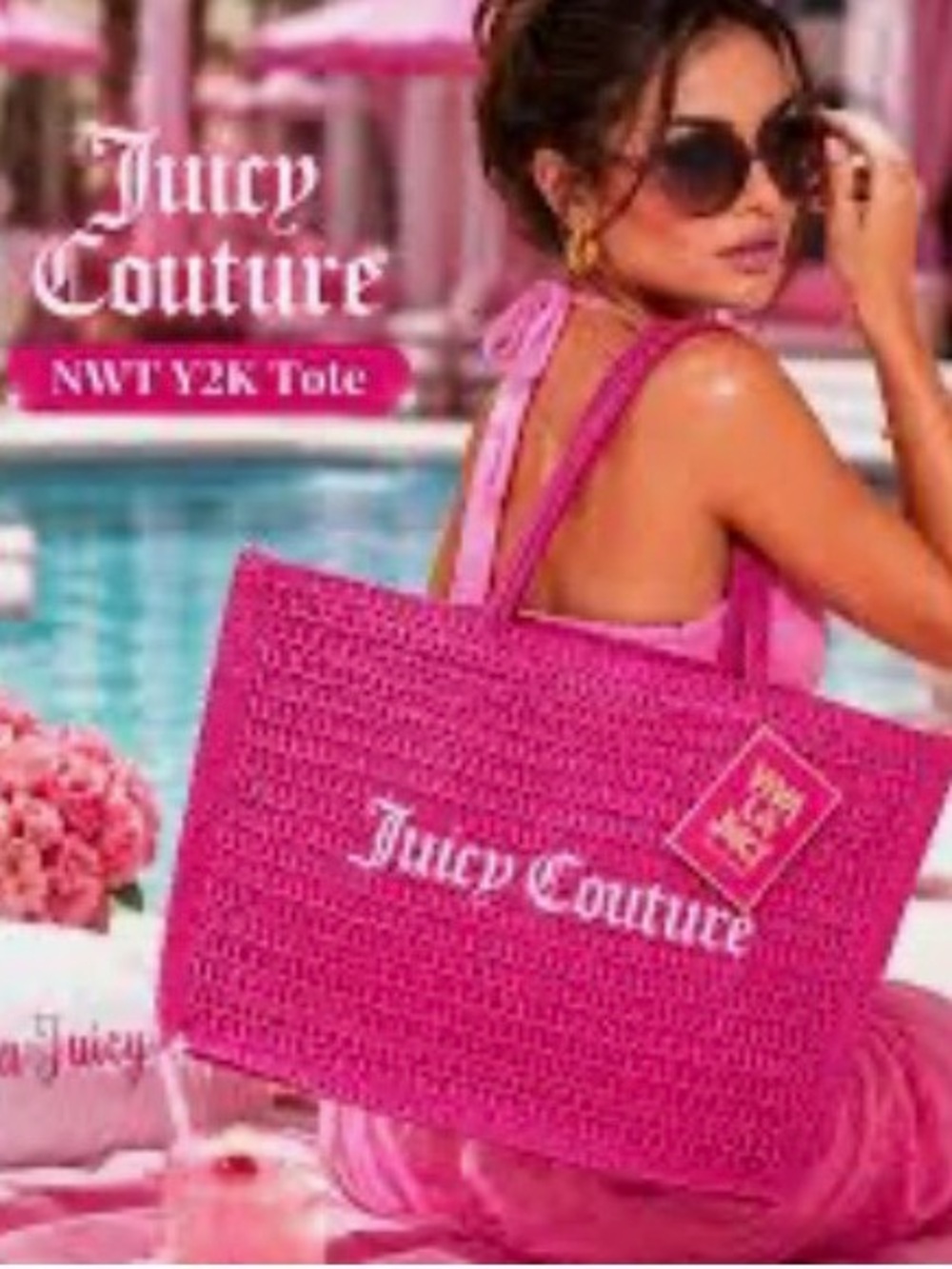 Juicy Couture Hot Pink Woven Straw Tote Bag Open Weave Straw New with Tags